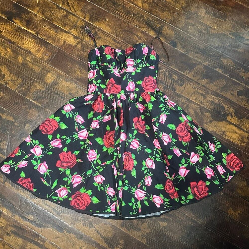 Betsey Johnson pink & red roses pinup girl fit & flare dress - Picture 3 of 6